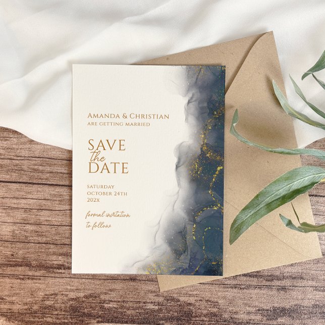 Save The Date Mariage Élégant en Marbre Bleu Nuit et Or (Créateur téléchargé)