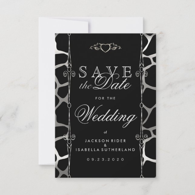 Save The Date Mariage élégant en Motif Silver & Black Giraffe (Devant)