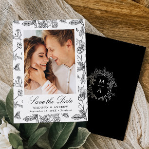 Save The Date Mariage élégant en noir avec photo et motifs flora