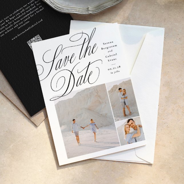 Save The Date Mariage élégant en noir et blanc sur trois photos (Créateur téléchargé)