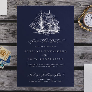 Save The Date Mariage Élégant et Naval Bleu Marine sur un Navire