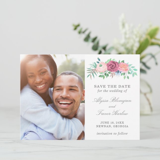 Save The Date Mariage Élégant Fleur Bleu Poussiéreux Moderne (Debout devant)