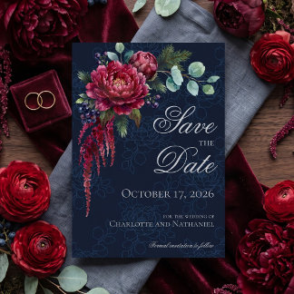 Save The Date Mariage Élégant Fleur Bleu Profond Humeur