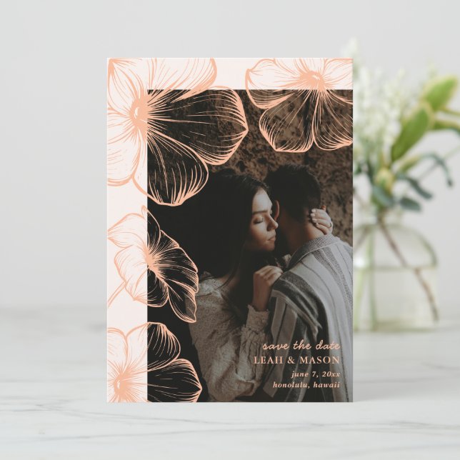 Save The Date Mariage Élégant Fleur de Pêche Moderne Photo (Debout devant)