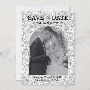 Save The Date Mariage Élégant Fleur Rose Noir Blanc