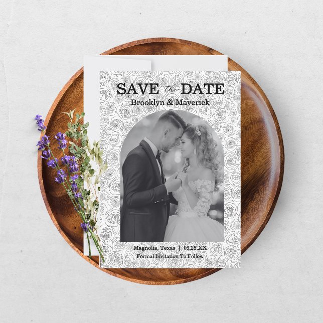 Save The Date Mariage Élégant Fleur Rose Noir Blanc (Créateur téléchargé)