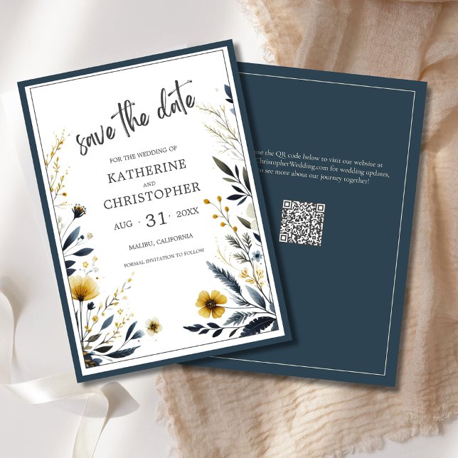 Save The Date Mariage élégant Fleur sauvage jaune bleu (Blue Yellow Wildflower Floral Elegant Wedding Save the Date with QR Code for Wedding Website.)