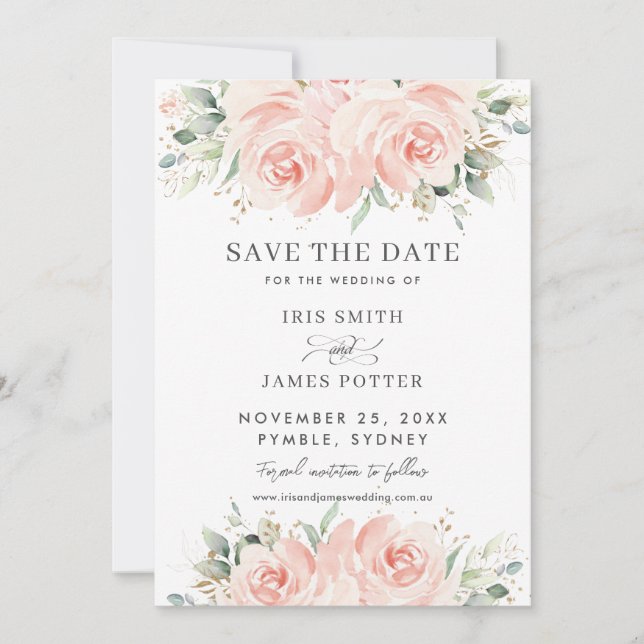 Save The Date Mariage Élégant Fleurs de Rosier au Teint de Pêche (Devant)