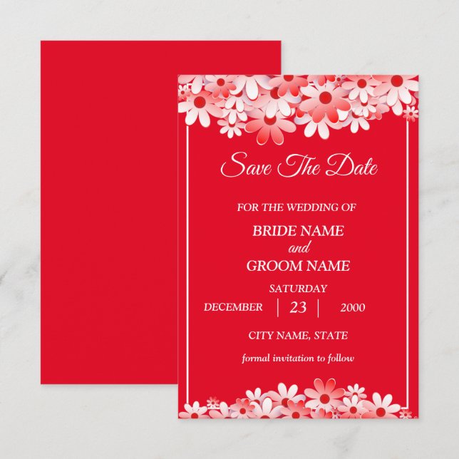 Save The Date Mariage Élégant Fleurs Rouges et Blanches (Devant / Derrière)