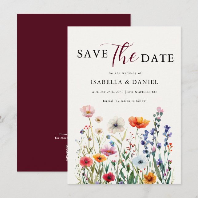 Save The Date Mariage Élégant Floral Bourgogne (Devant / Derrière)