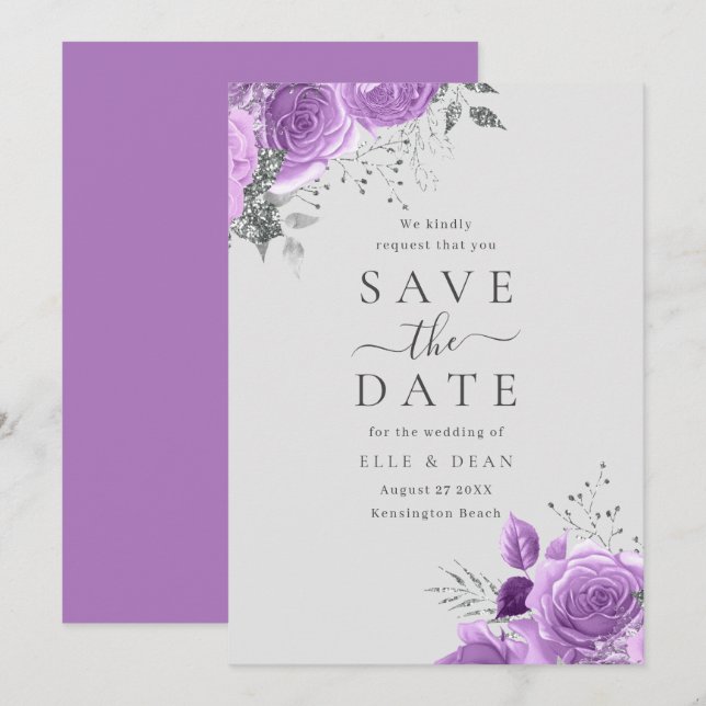Save The Date Mariage élégant floral lavande violet et argent (Devant / Derrière)