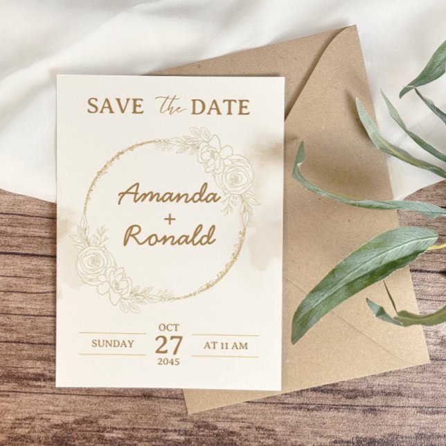 Save The Date Mariage Élégant Floral Or Blanc (Créateur téléchargé)