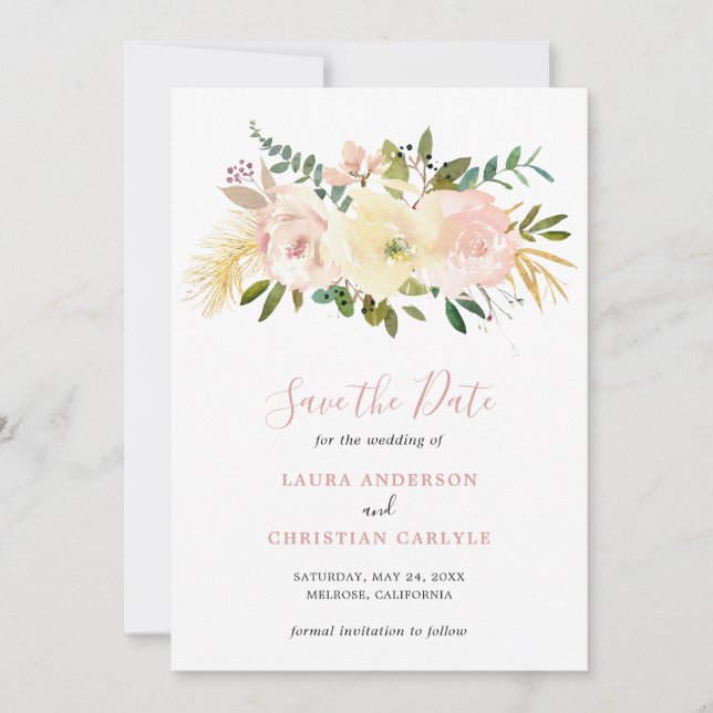 Save The Date Mariage Élégant Floral Rose Pâle (Devant)