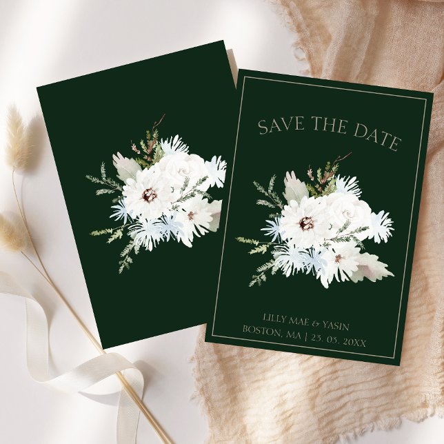 Save The Date Mariage Élégant Floral Vert et Blanc d'Hiver (Winter White Floral and Green Christmas Wedding Save The Date)