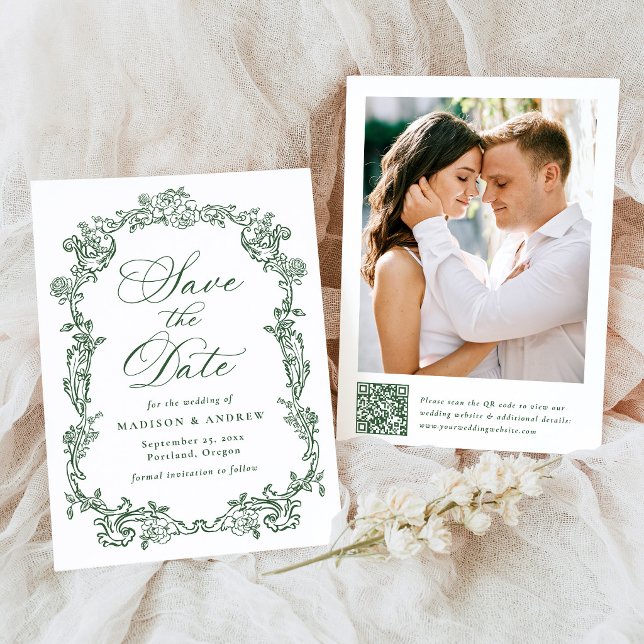 Save The Date Mariage élégant floral victorien code QR vert (Créateur téléchargé)