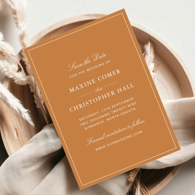 Save The Date Mariage élégant Formel Orange Brûlé (Elegant burnt orange save the dates build excitement with warm and sophisticated style.)