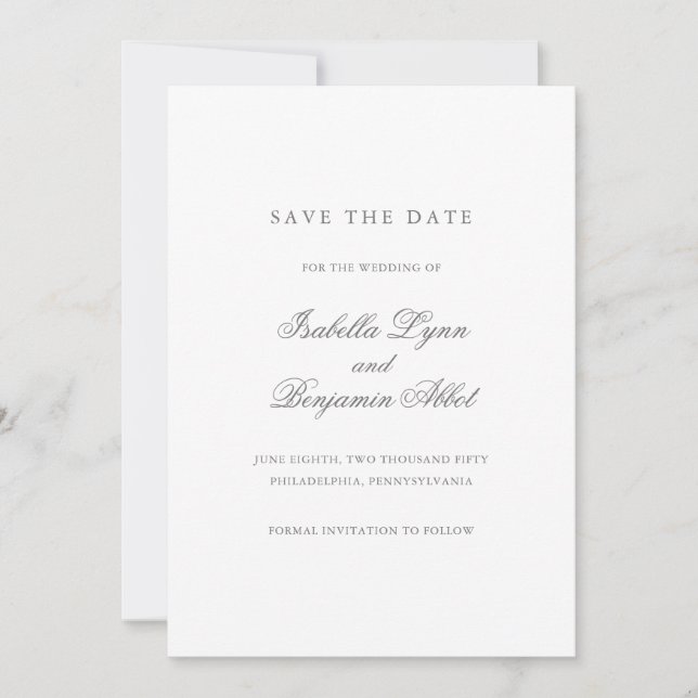 Save The Date Mariage Élégant Formel Simple Gris Non Photo (Devant)