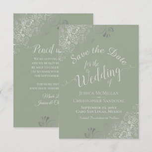 Save The Date Mariage Élégant Gris Argent Boucles Sage Vert