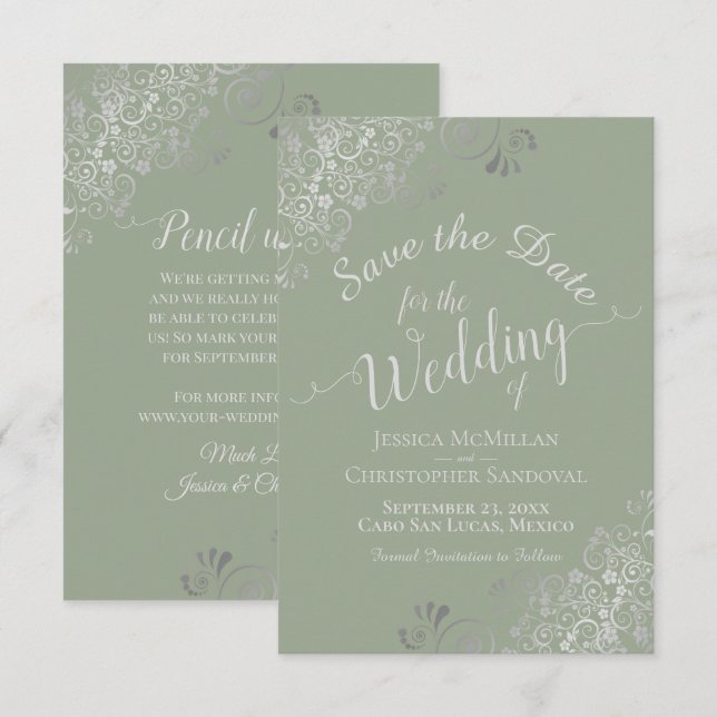Save The Date Mariage Élégant Gris Argent Boucles Sage Vert (Devant / Derrière)