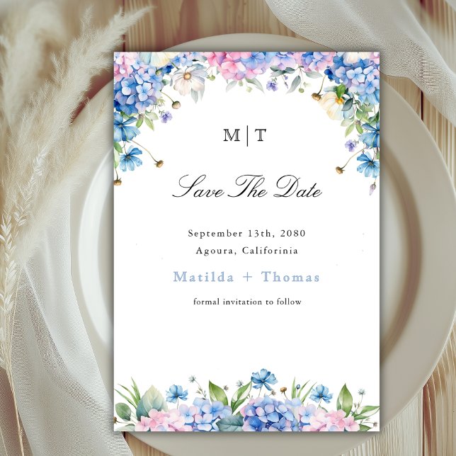 Save The Date Mariage Élégant Hydrangea Bleu Bordure Monogramme (Créateur téléchargé)