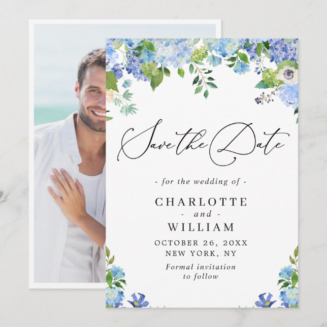 Save The Date Mariage Élégant Hydrangea Bleu Verdure (Devant / Derrière)