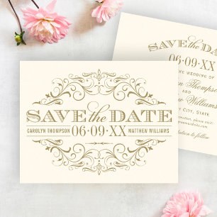 Save The Date Mariage Élégant Ivoire Orné de Flourish en Or