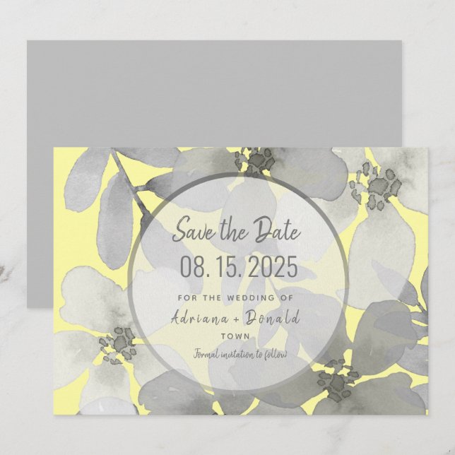 Save The Date Mariage élégant jaune et gris (Devant / Derrière)
