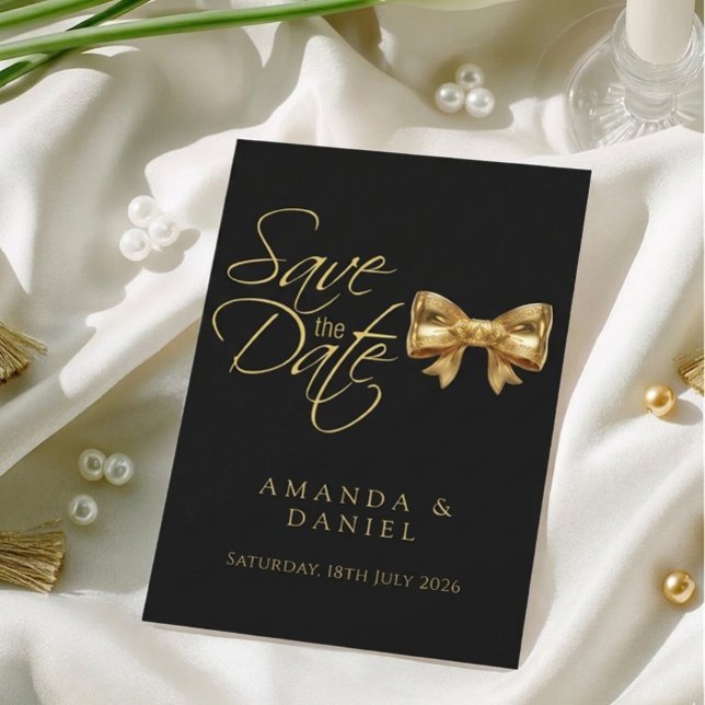 Save The Date Mariage Élégant Luxe Noir et Ruban Doré (Créateur téléchargé)
