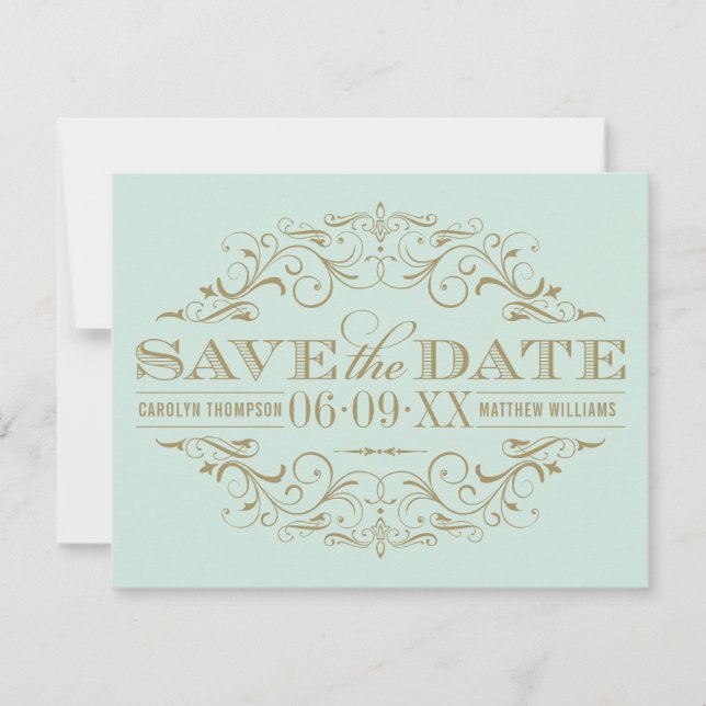 Save The Date Mariage Élégant Menthe Orné de Doré (Devant)