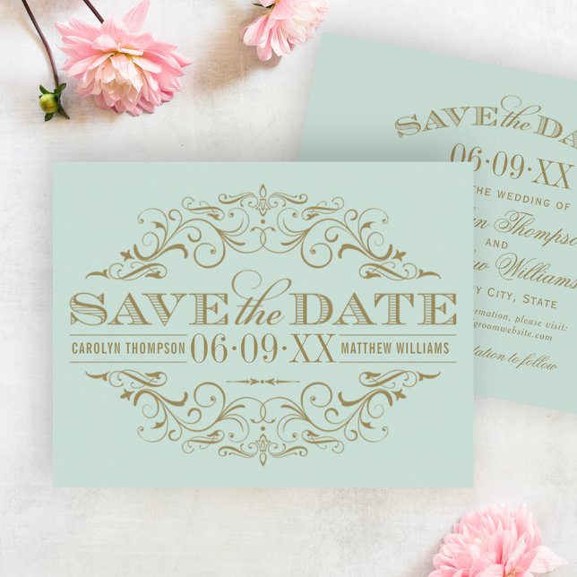 Save The Date Mariage Élégant Menthe Orné de Flourish Or (Créateur téléchargé)