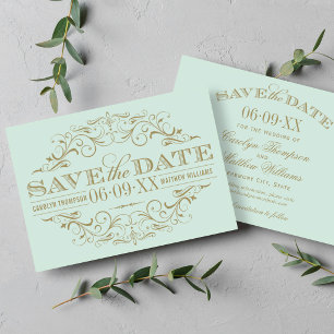 Save The Date Mariage Élégant Menthe Orné de Flourishes en Or