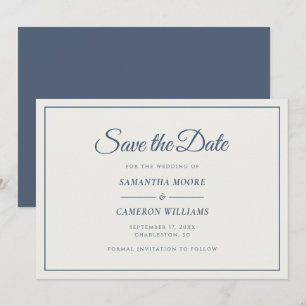 Save The Date Mariage Élégant Minimaliste Crème et Bleu Nuit Pou