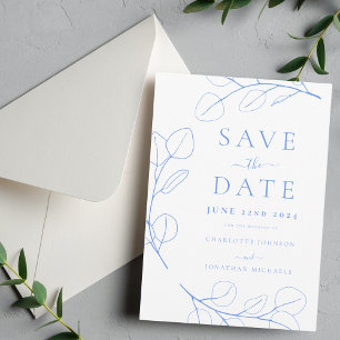 Save The Date Mariage Élégant Minimaliste Feuillage Bleu
