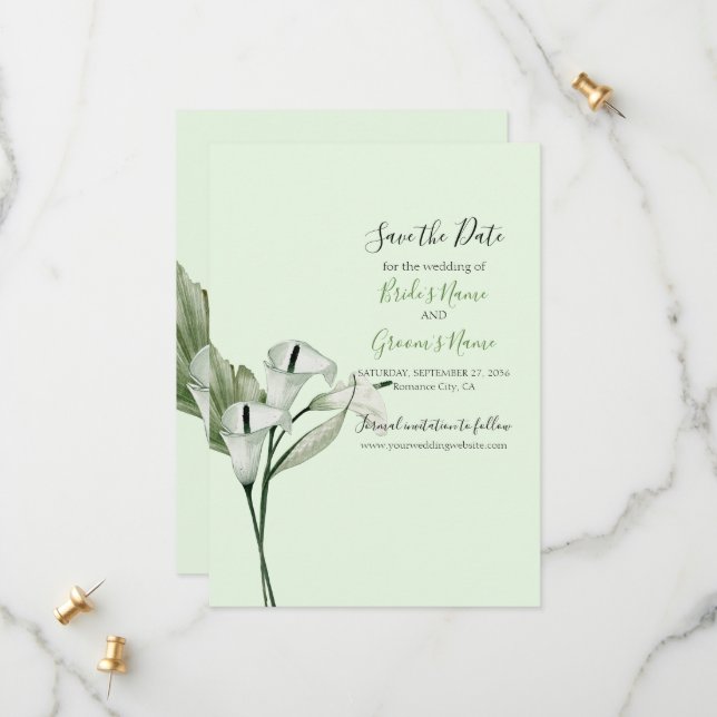 Save The Date Mariage Élégant Moderne aux Lys Calla Blancs (Devant/Arrière en situation)