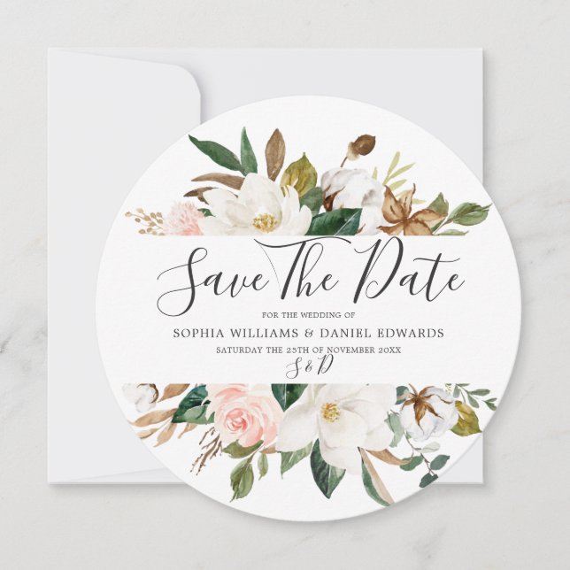 Save The Date Mariage élégant moderne avec des florales roses et (Devant)