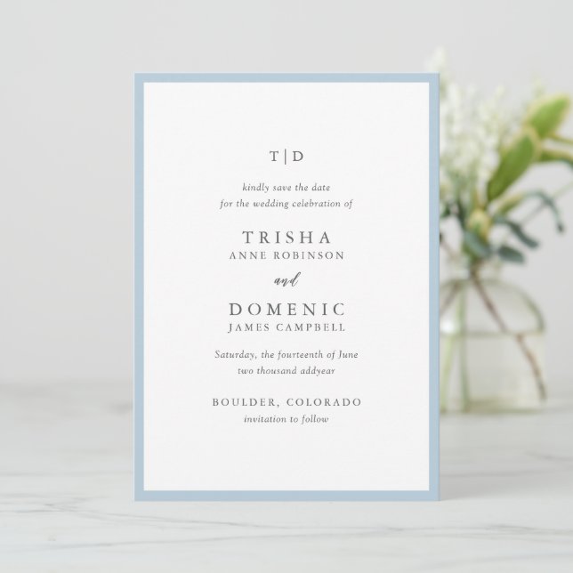 Save The Date Mariage élégant moderne avec monogramme en poudre  (Debout devant)