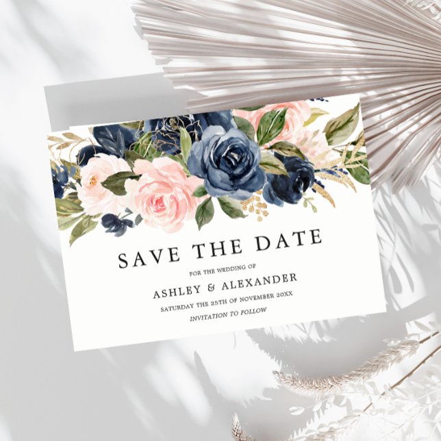 Save The Date Mariage Élégant Moderne Bleu Marine & Blush Toutes (Créateur téléchargé)