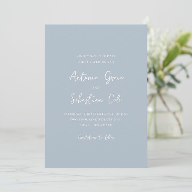 Save The Date Mariage élégant moderne bleu poudré (Debout devant)