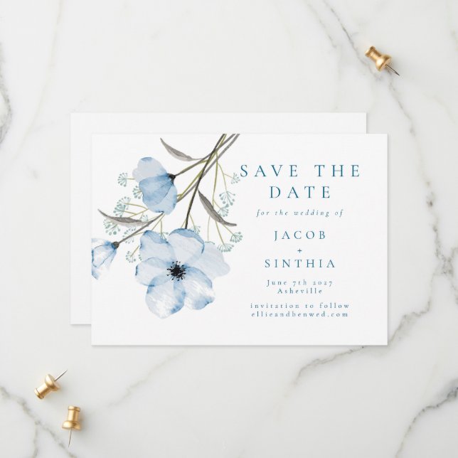 Save The Date Mariage Élégant Moderne Chic Bleu Poussiéreux (Devant/Arrière en situation)
