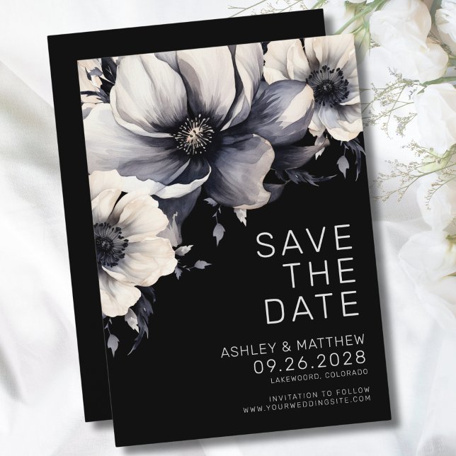 Save The Date Mariage Élégant Moderne Fleurs Noires (Botanical Modern Elegant Black Floral Wedding Save The Date)