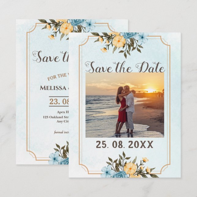 Save The Date Mariage Élégant Moderne Photo Aquarelle Florale (Devant / Derrière)