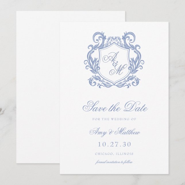 Save The Date Mariage Élégant Monogramme Bleu Poussiéreux Blason (Devant / Derrière)