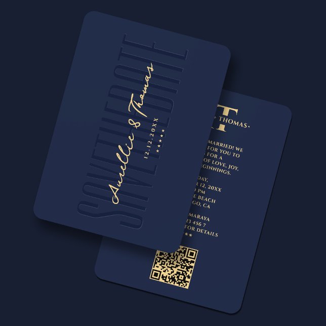 Save The Date Mariage élégant Monogramme d'or Dark Navy QR moder (Elegant Wedding Dark Navy Gold Monogram Modern QR Save The Date
)