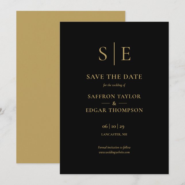 Save The Date Mariage Élégant Monogramme Noir et Or (Devant / Derrière)