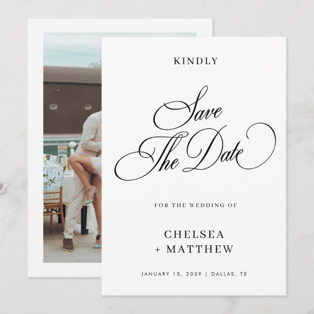 Save The Date Mariage élégant noir et blanc (Devant / Derrière)