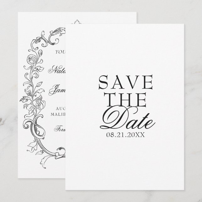 Save The Date Mariage élégant noir et blanc à l'ancienne (Devant / Derrière)