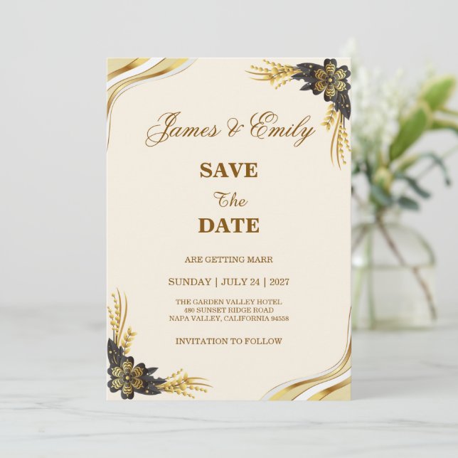 Save The Date Mariage élégant noir et or (Debout devant)