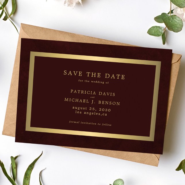 Save The Date Mariage élégant or bordeaux typographie simple (Créateur téléchargé)