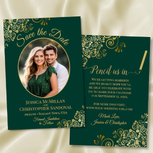 Save The Date Mariage Élégant Ovale de Photo de Vert Émeraude &