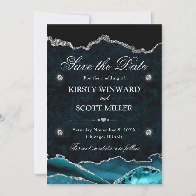 Save The Date Mariage Élégant Paillettes Argent Agate Sarcelle (Devant)
